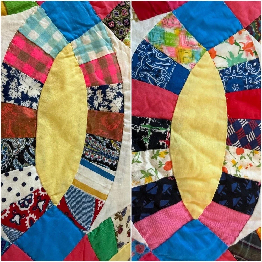 Vintage Handmade Colorful Floral Scrap Pink Double Wedding Ring Full Quilt 80x90